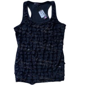 LOVE & KISSES Tank Top Rhinestones Tiered Ruffle Racerback Jr Women XL Black NWT